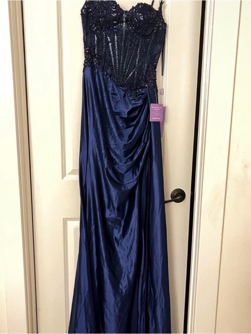 Elegant Navy Blue Prom Dress with Beaded Bodice